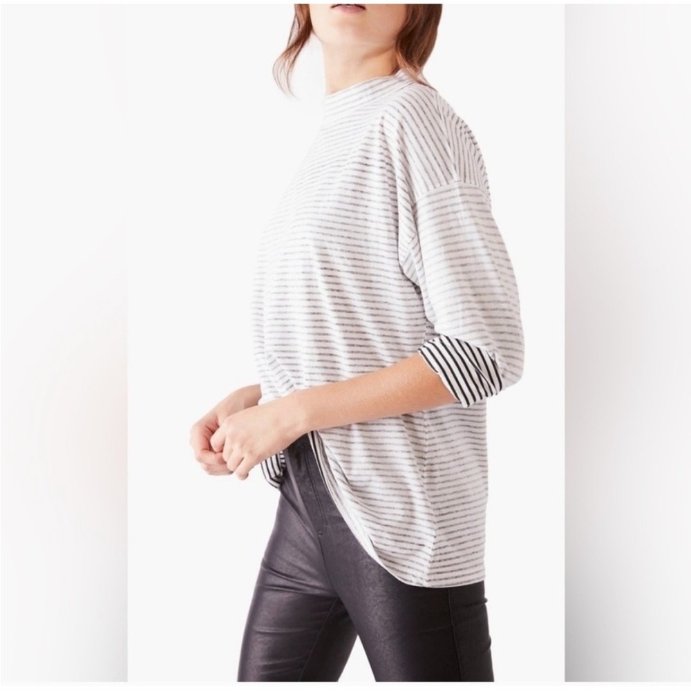 We The Free 100% Cotton Washed Black White Stripe Mock Neck Lightweight Top
